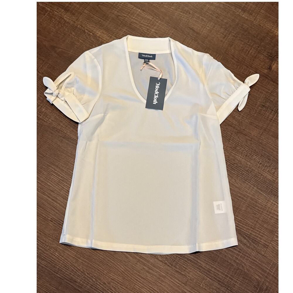 ModCloth Ideal Discovery Short Sleeve Top V Neck Bow Ivory Cream XXS NWT